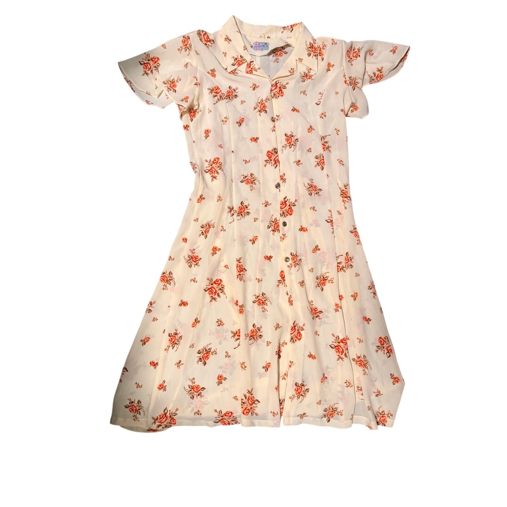 Vintage Swan Brand Floral Midi Dress Cream Orange Rose Button Down Back Tie 20